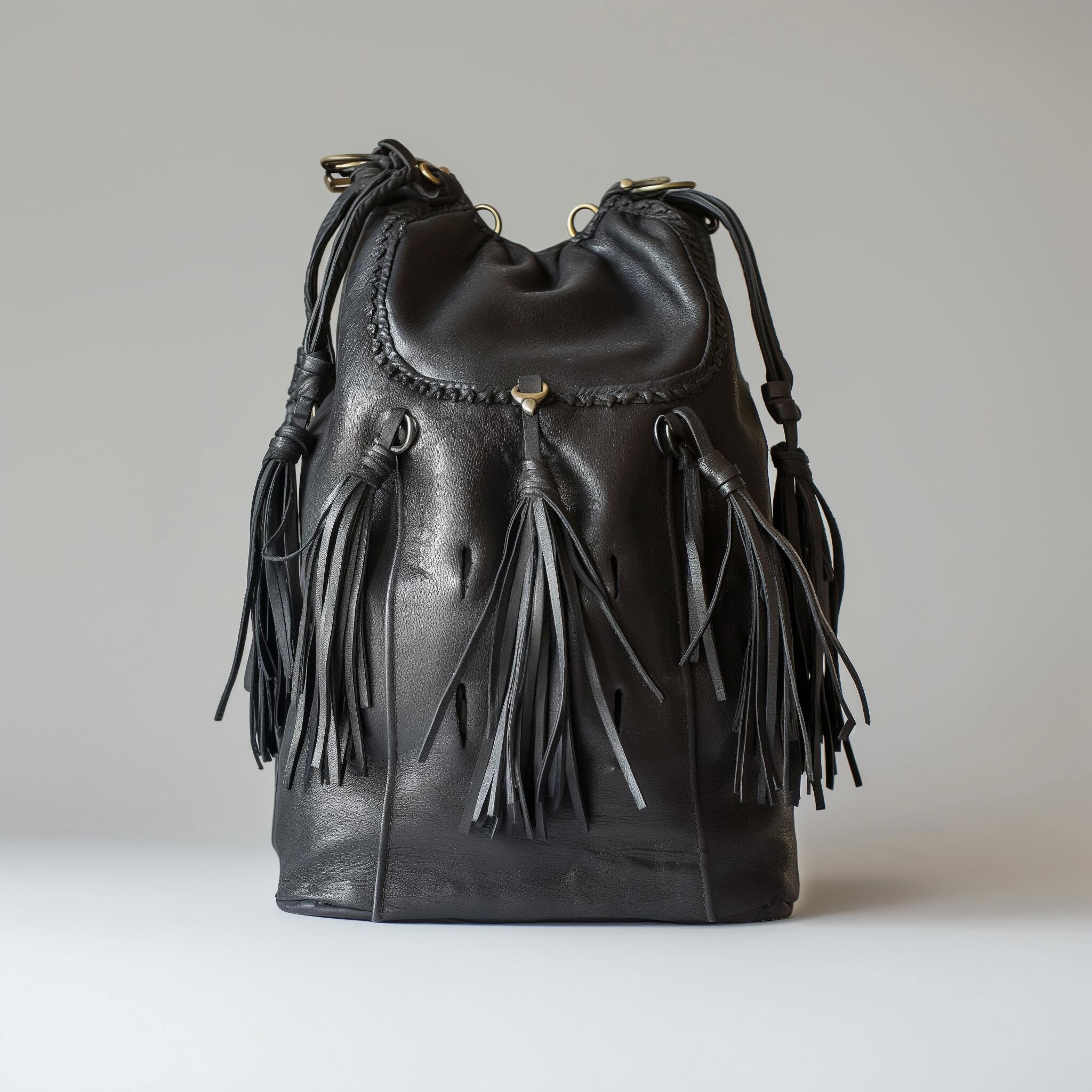 Black Fluffy Bucket Leather Bag
